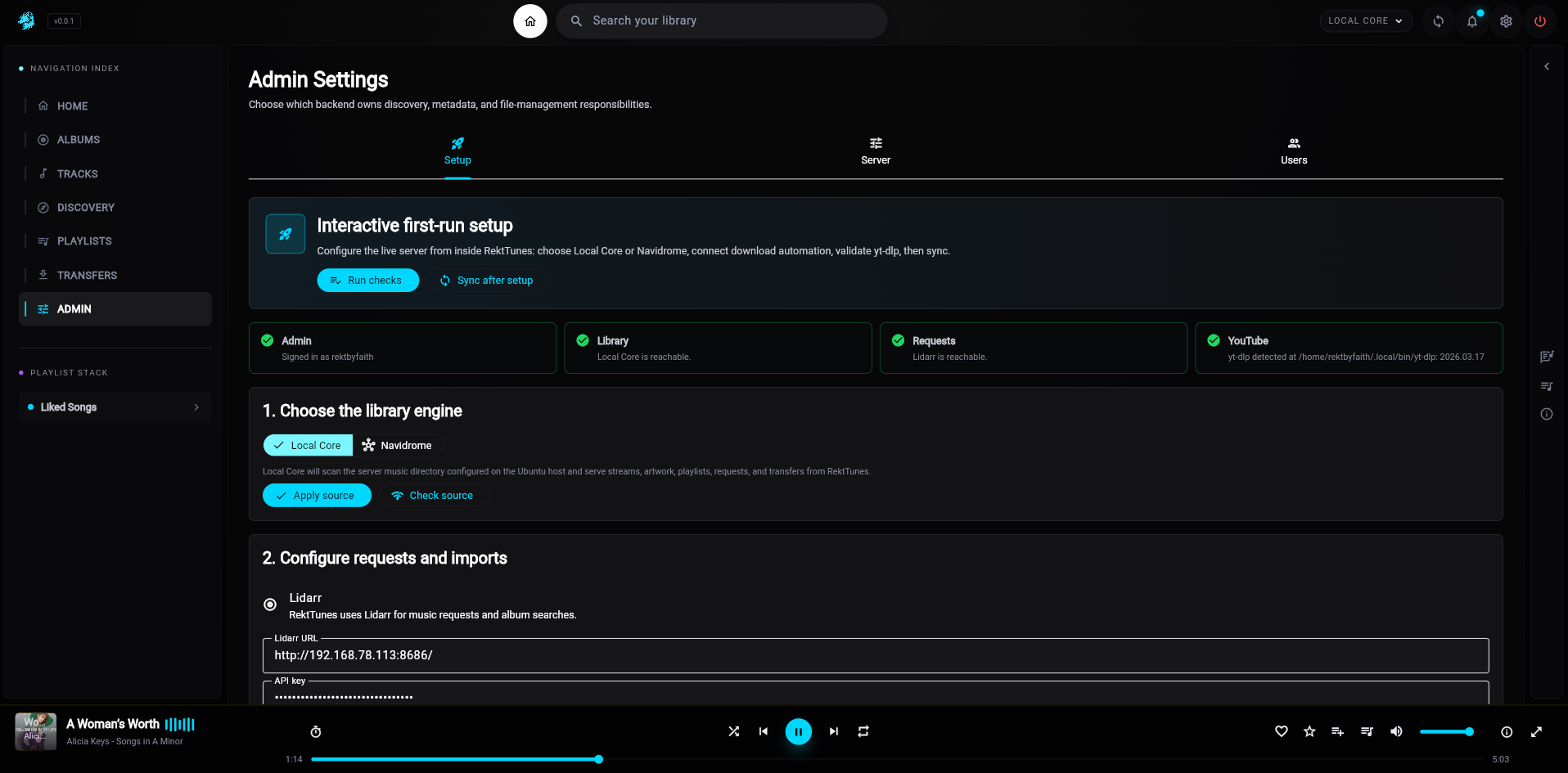 Admin setup page for server settings