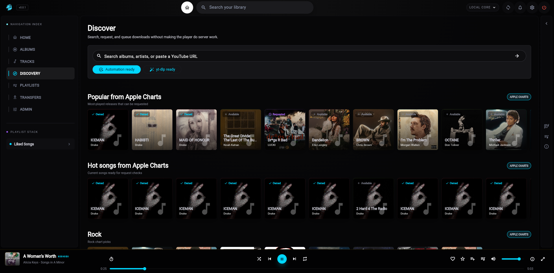 Discovery page with requestable albums and music feeds