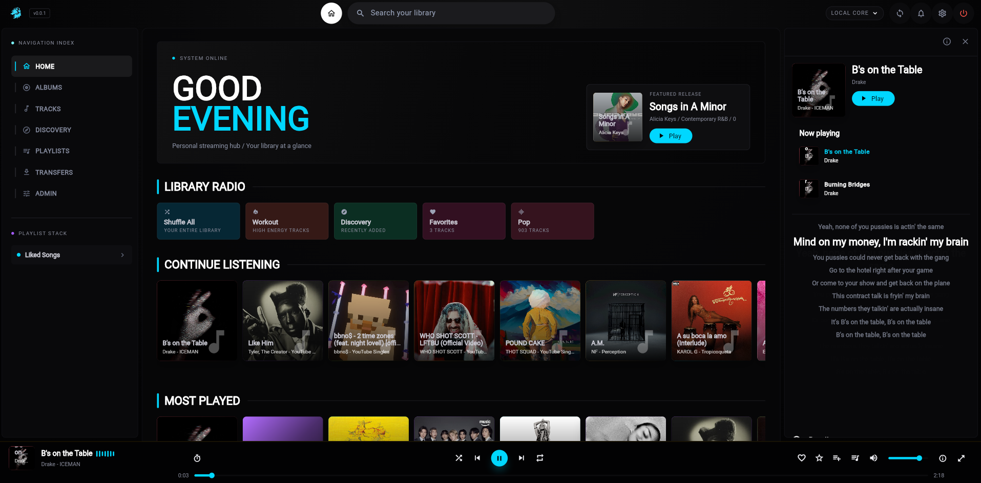 RektTunes Next home screen showing library radio and album shelves